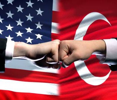 US vs Turkey conflict, international relations crisis, fists on flag background